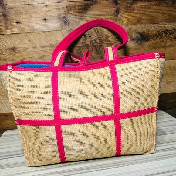 Ralph Lauren 90s Y2K Straw Tote Handbag With Pink Trim and bow, classic - Picture 3 of 5